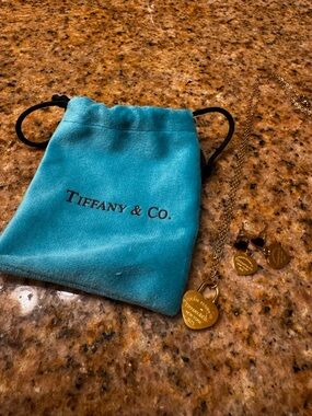 Similar to Tiffany & Co. Gold Heart Tag Necklace + Earrings with Blue Pouch